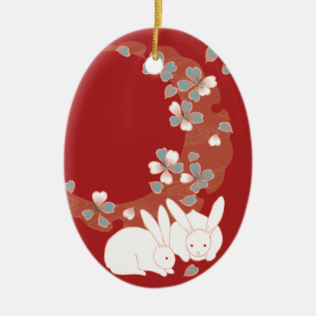 Ornement Ovale En Céramique Lapins blancs Art japonais (Devant)