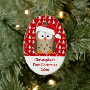 Ornement Ovale En Céramique Le hibou de Père Noël de Noël a personnalisé d