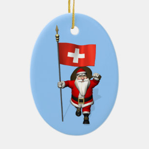 Ornement Ovale En Céramique Le Père Noël Avec L'Enseigne Suisse