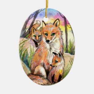 Ornement Ovale En Céramique Maman Fox et renards de bébé aux bois de coucher