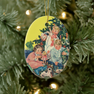 Ornement Ovale En Céramique Matin de Noël Vintage, Enfants Ouverture Cadeaux