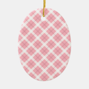 Ornement Ovale En Céramique Motif Tartan Rose Et Blanc