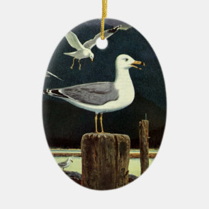 Ornement Ovale En Céramique Mouette vintage perchée sur une jetée, oiseaux mar