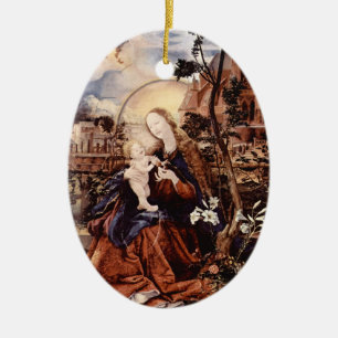 ORNEMENT OVALE EN CÉRAMIQUE NATIVITÉ AVEC DES LILLES BLANCHES - MAGIE DE NOËL