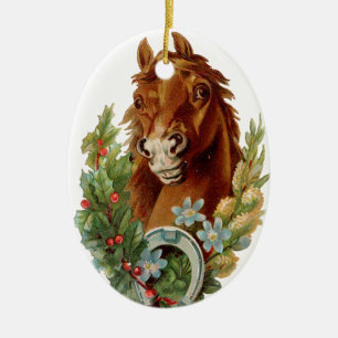 Ornement Ovale En Céramique Noël à l'ancienne, cheval
