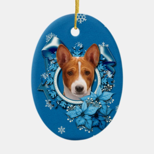 Ornement Ovale En Céramique Noël - flocon de neige bleu - Basenji (Devant)