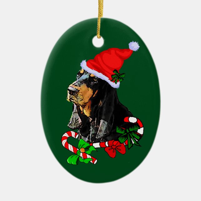 Ornement Ovale En Céramique Noir et Tan Coonhound Noël (Devant)