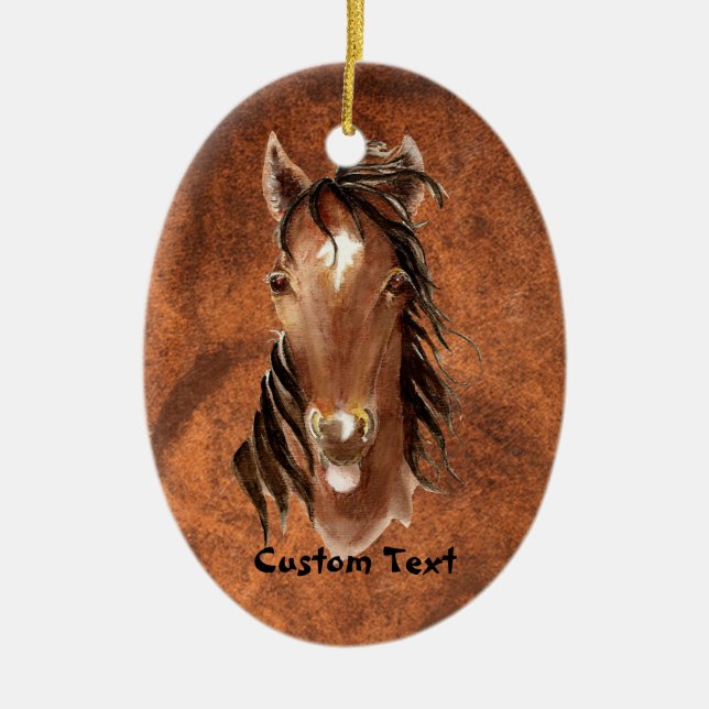 Ornement Ovale En Céramique Nom personnalisé, Monogramme, Cheval d'aquarelle t (Devant)
