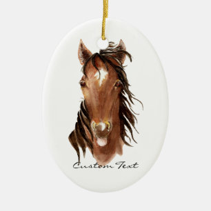 Ornement Ovale En Céramique Nom personnalisé, Monogramme, Cheval d'aquarelle t