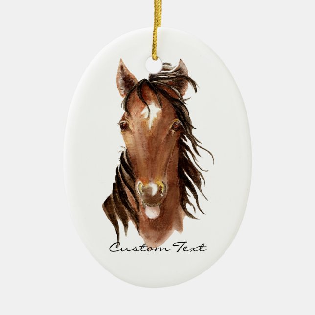 Ornement Ovale En Céramique Nom personnalisé, Monogramme, Cheval d'aquarelle t (Devant)