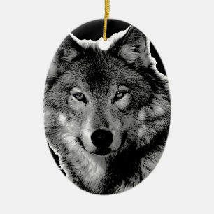 Ornement Ovale En Céramique Oeuvre de Loup noir et blanc