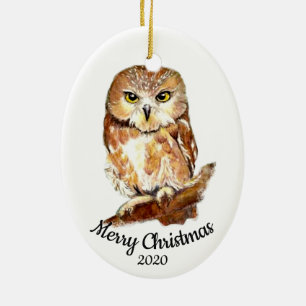 Ornement Ovale En Céramique Oiseau d'aquarelle de Noël sur mesure