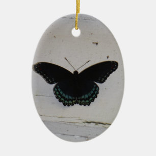 Ornement Ovale En Céramique Papillon noir et bleu sur bois blanc lavé