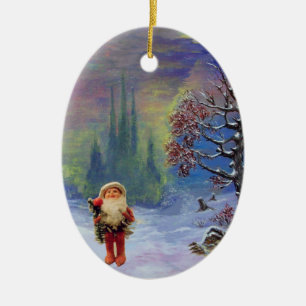 ORNEMENT OVALE EN CÉRAMIQUE PÈRE NOËL DES GNOMES, RUBY ROUGE ET SAPPHIRE BLEU