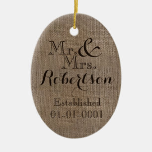 Ornement Ovale En Céramique Personnalisé Burlap Look Mariage Rustique Keepsaké