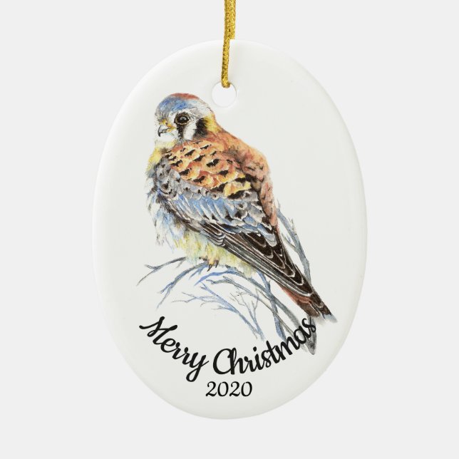 Ornement Ovale En Céramique Personnalisé Date Noël Aquarelle Kestrel, Faucon (Devant)