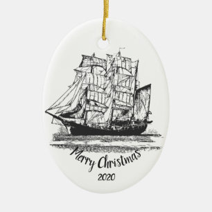 Ornement Ovale En Céramique Personnalisé Date Noël Voilier Vintage Art