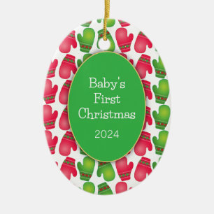 Ornement Ovale En Céramique Premier Noël de bébé, mignonne rouge et vert Mitte