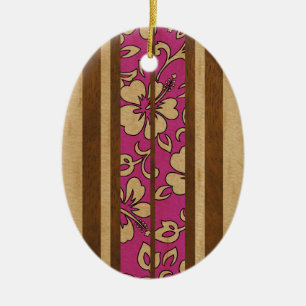 Ornement Ovale En Céramique Pupukea Vintage Hawaiian Faux Wood Surboard