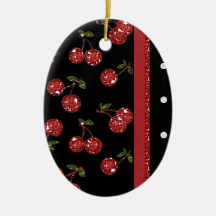 Ornement Ovale En Céramique RAB Rockabilly très cerise cerises Noir