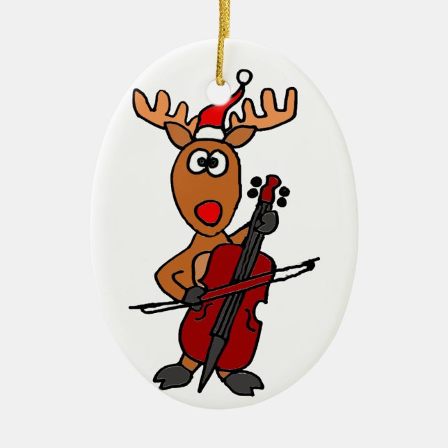 Ornement Ovale En Céramique Renne drôle jouant Noël de violoncelle (Devant)