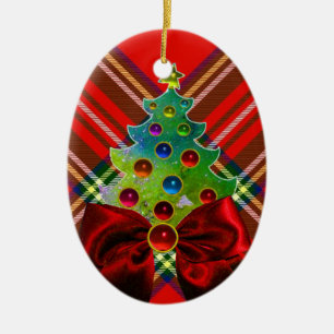 ORNEMENT OVALE EN CÉRAMIQUE TARTAN ÉCOSSAIS, ARBRE VERT ROUGE ET ARBRE DE NOËL