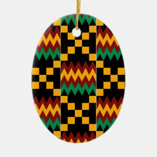 Ornement Ovale En Céramique Tissu jaune, vert, rouge, noir de Kente