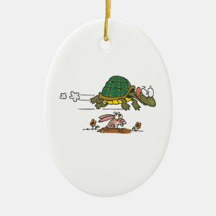 Ornement Ovale En Céramique tortue et lièvre drôle de dessin animé de fable