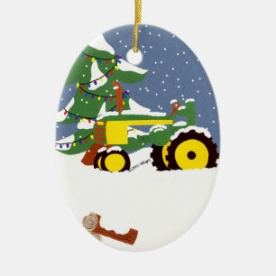 Ornement Ovale En Céramique Tracteur Arbre de Noël