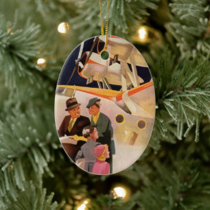 Ornement Ovale En Céramique Vacances en famille vintage en hydravion à hélices