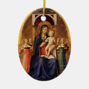 Ornement Ovale En Céramique VIERGE AVEC ENFANT ET ANGELS, Saphir Bleu