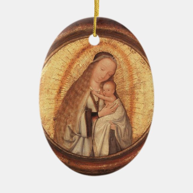 ORNEMENT OVALE EN CÉRAMIQUE VIERGE AVEC ENFANT OR ET ROUGE RUBY (Devant)