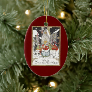Ornement Ovale En Céramique Vintage Noël Victorien Les gens vont à l'église