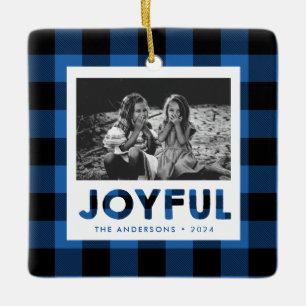 Ornement photo Joyeux Bleu Buffalo Plaid