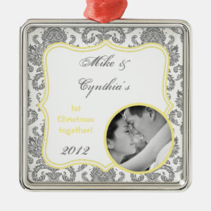 Ornement photo personnalisé Gris Yello Damask Dent