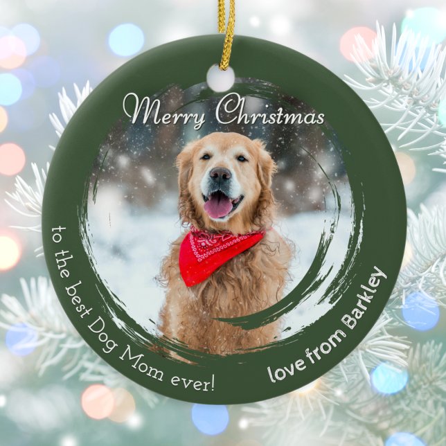 Ornement photo pour animal de compagnie de Noël ru (A Christmas ornament for 'the best Dog Mom ever!' to personalize with a pet photo and pet's name)