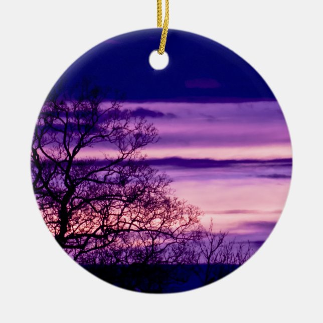 Ornement pourpre de silhouette d'arbre de coucher (Devant)