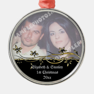 Ornement Rond Argenté 1ère photo de Noël du mariage Couple