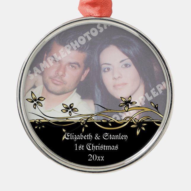 Ornement Rond Argenté 1ère photo de Noël du mariage Couple (Devant)
