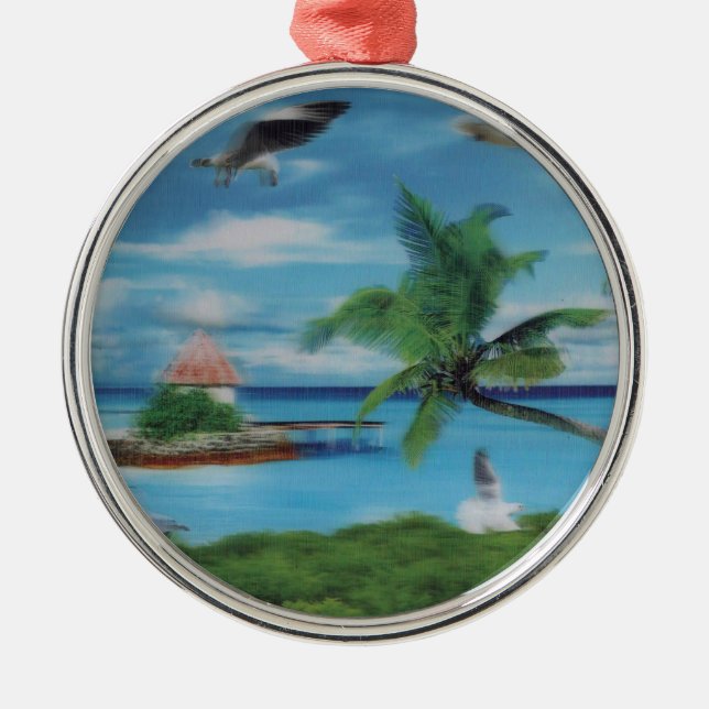 Ornement Rond Argenté Art de la scène de plage tropicale (Devant)