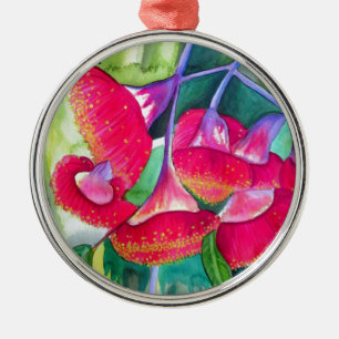 Ornement Rond Argenté Art fleurissant rouge australien d'aquarelle de