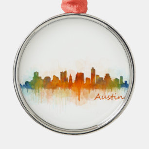 Ornement Rond Argenté Austin Texas skyline Watercolor v3
