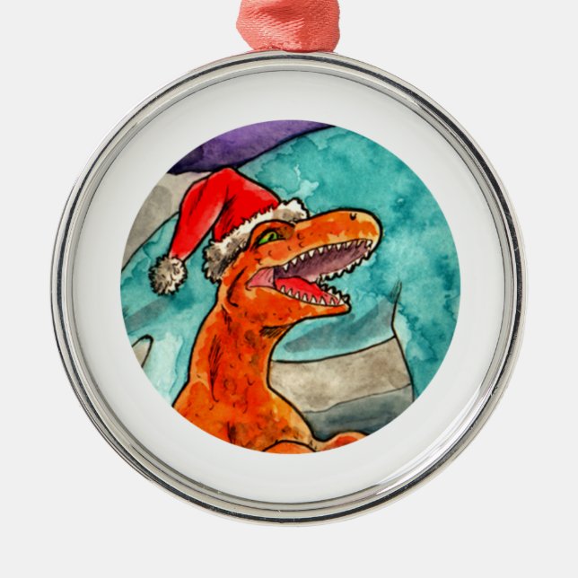 Ornement Rond Argenté Babiole de Noël de dinosaure (Devant)