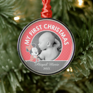 Ornement Rond Argenté Baby Minnie Premier Noël de bébé