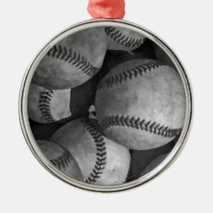Ornement Rond Argenté Baseball noir et blanc