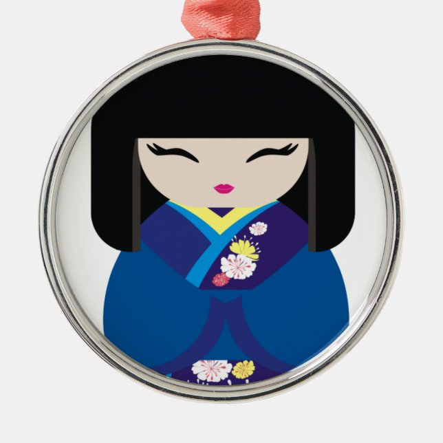 Ornement Rond Argenté Belle poupée japonaise chinoise orientale (Devant)