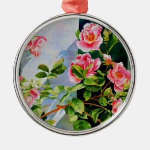 Ornement Rond Argenté Belle rose rose rouge roses blanc aquarelle floral