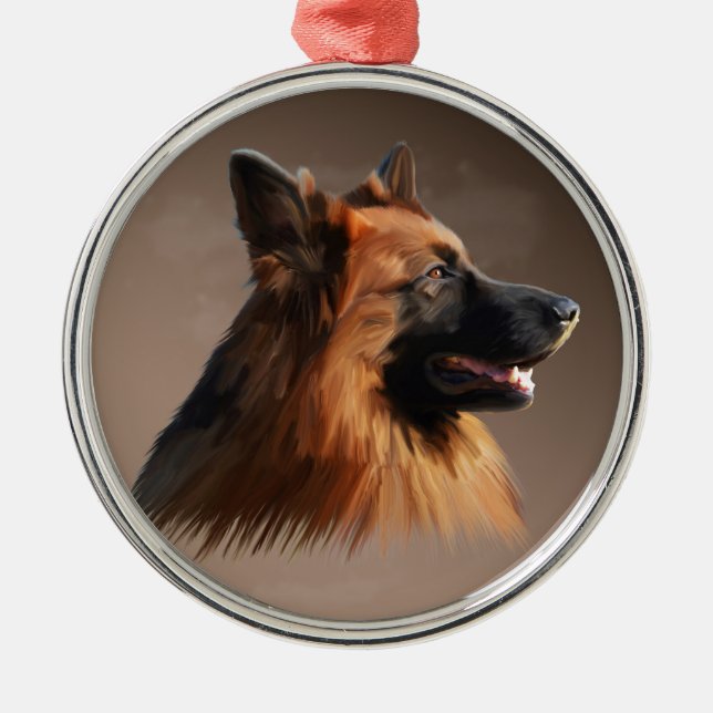 Ornement Rond Argenté Berger allemand Aquarelle de chien Portrait d'art (Devant)