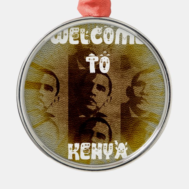 Ornement Rond Argenté Bienvenue au Kenya avec Obama Collage (Devant)