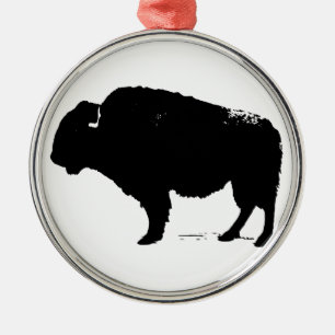 Ornement Rond Argenté Bison de Buffalo Art noir et blanc